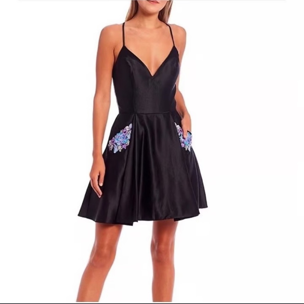 Blondie Nites Black Mini Dress Purple Floral Details